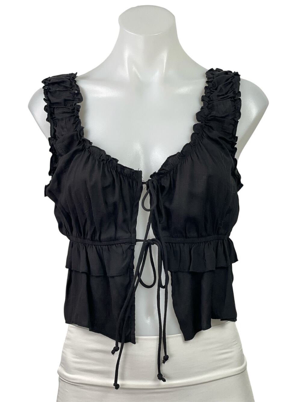 Victoria + Sophia Black Ruffle Sleeveless Tie Tiered Tank Cami Crop Top Size S